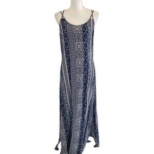 Honolua Wahine Sz Med Maxi Dress Blue White Native Print Side Splits